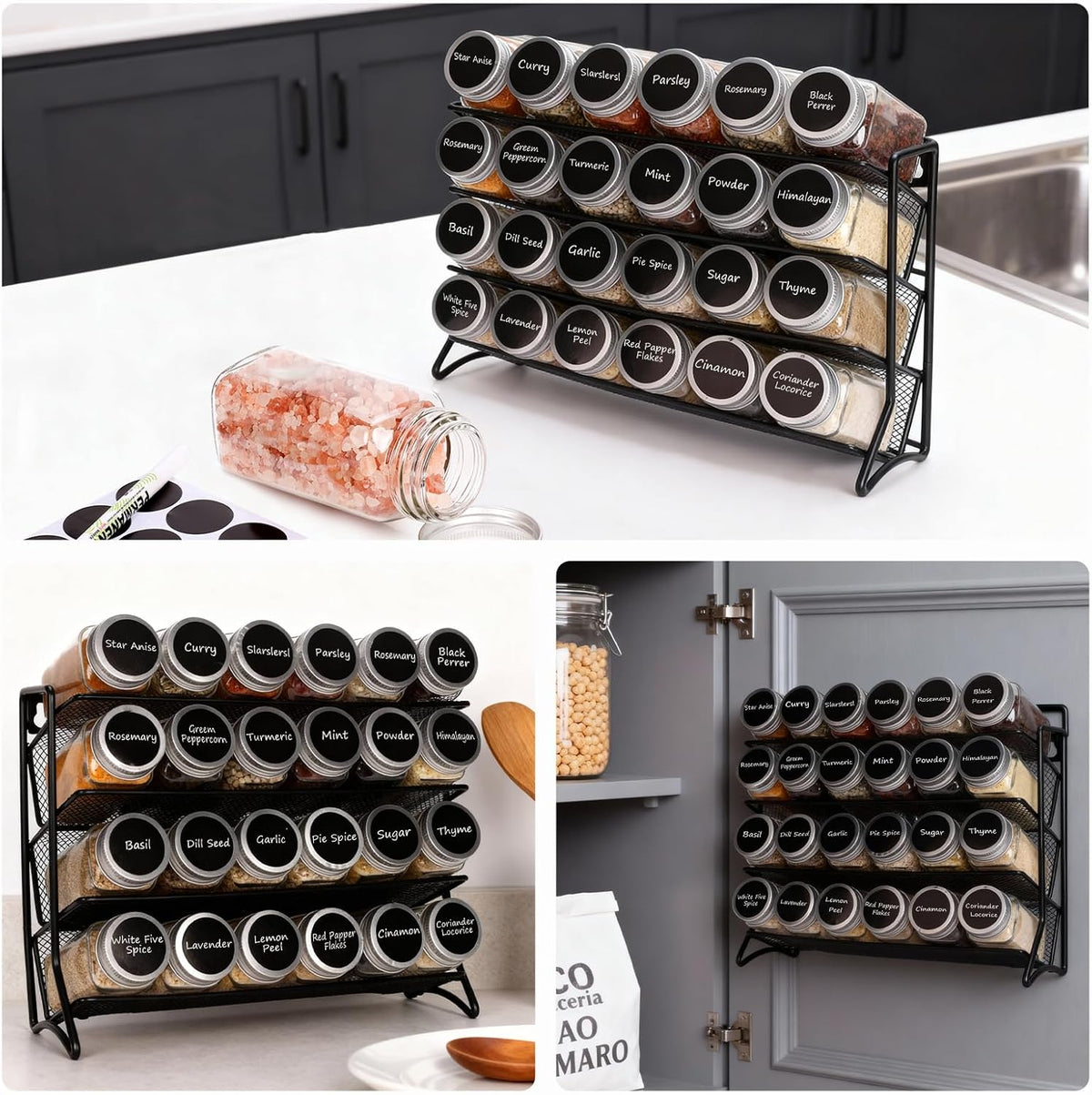 Spice Rack Organizer with 24 Glass Jars and 60 Labels, 4-Tier Seasoning Organizer for Cabinet, Countertop, Pantry or Wall Mount, Rust-Resistant Carbon Steel Spice Jar Set with Marker