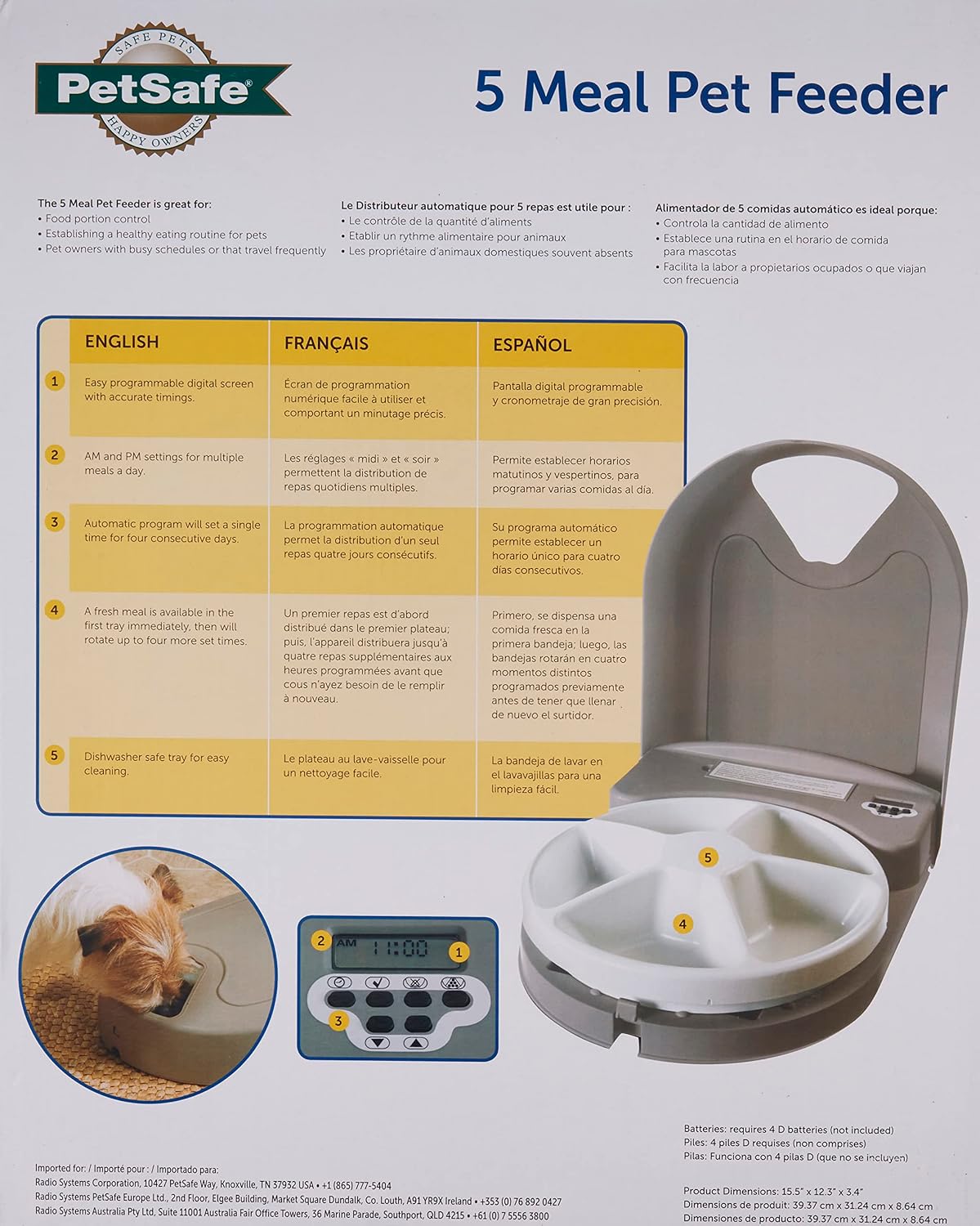 Automatic Dog Feeder, 5 Meals, 40 oz Capacity, Plastic, for Dry Food, Multiple Pets