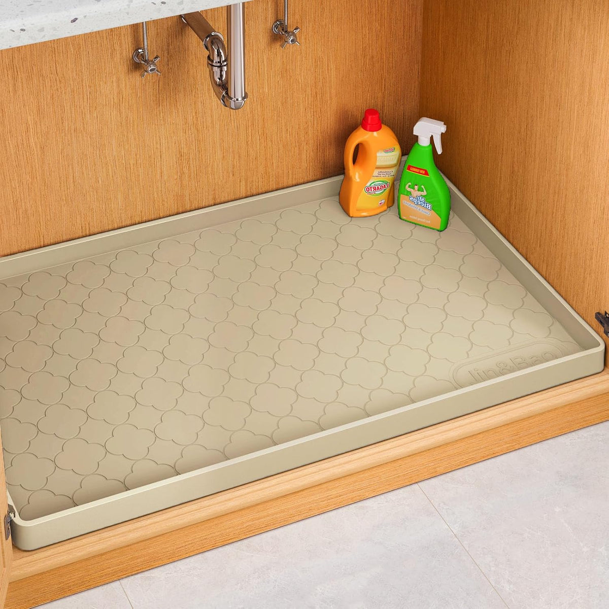 Under Sink Mat 34" x 22" Waterproof Silicone Cabinet Kitchen Liner | Silicone under kitchen sink mat,cabinet protector,bathroom shelf liner,raised edge,anti-slip,easy to clean & dishwasher safe