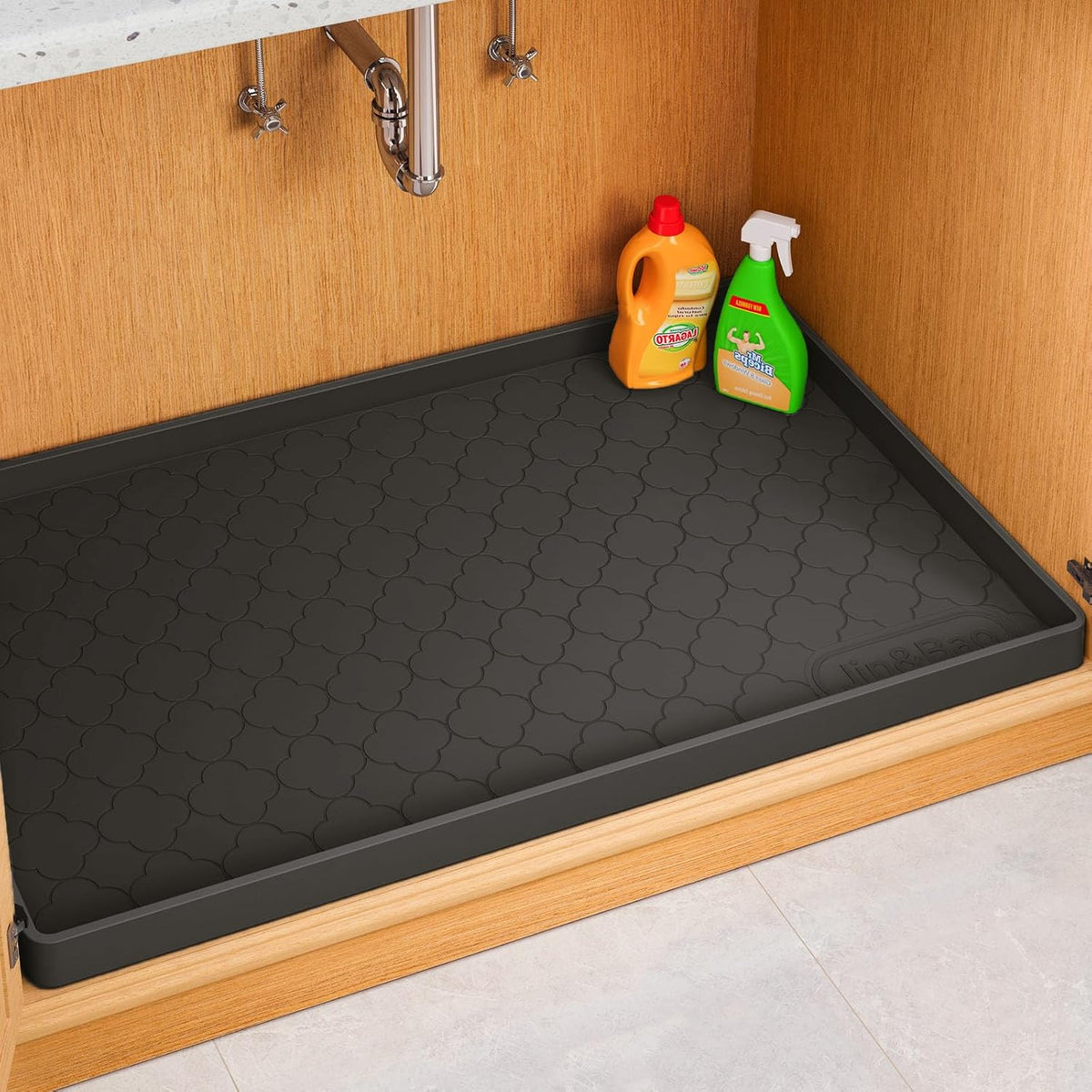 Under Sink Mat 34" x 22" Waterproof Silicone Cabinet Kitchen Liner | Silicone under kitchen sink mat,cabinet protector,bathroom shelf liner,raised edge,anti-slip,easy to clean & dishwasher safe