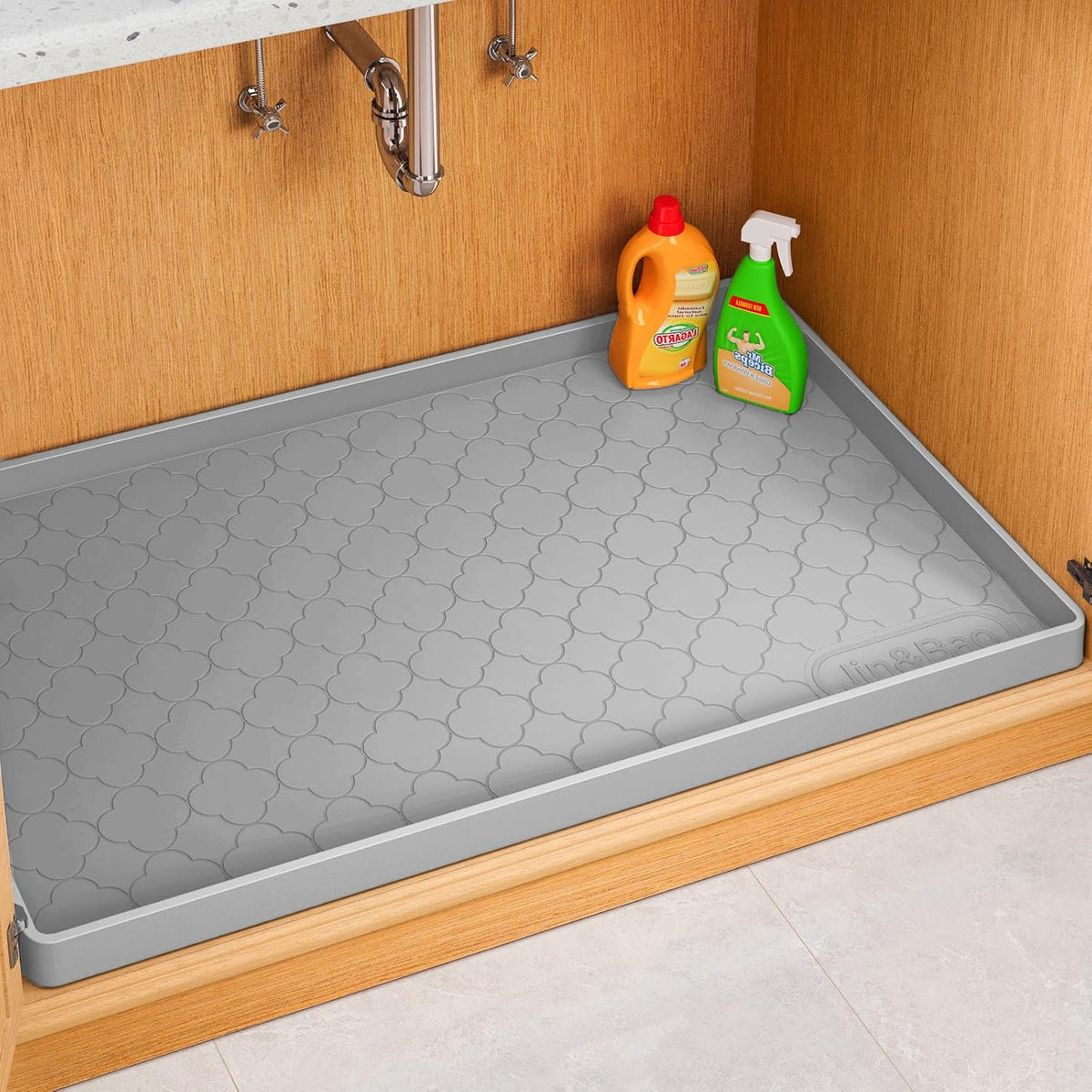 Under Sink Mat 34" x 22" Waterproof Silicone Cabinet Kitchen Liner | Silicone under kitchen sink mat,cabinet protector,bathroom shelf liner,raised edge,anti-slip,easy to clean & dishwasher safe