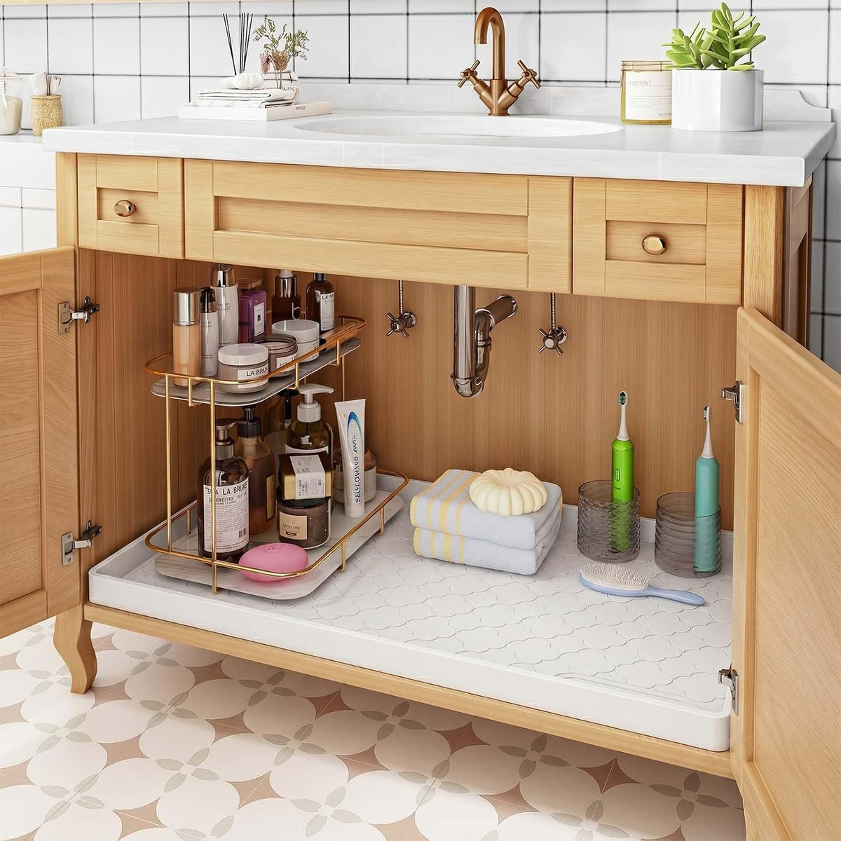 Under Sink Mat 34" x 22" Waterproof Silicone Cabinet Kitchen Liner | Silicone under kitchen sink mat,cabinet protector,bathroom shelf liner,raised edge,anti-slip,easy to clean & dishwasher safe