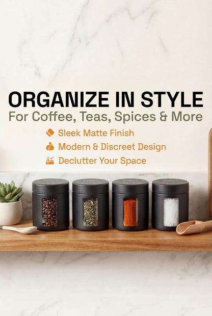 Smell Proof Containers (120mL), Jars with Airtight Lids for Herbs, Spices, Coffee and Tea, Air Tight Glass Storage Jars with UV Protection Glass, (Set of 2) (Matte Black)