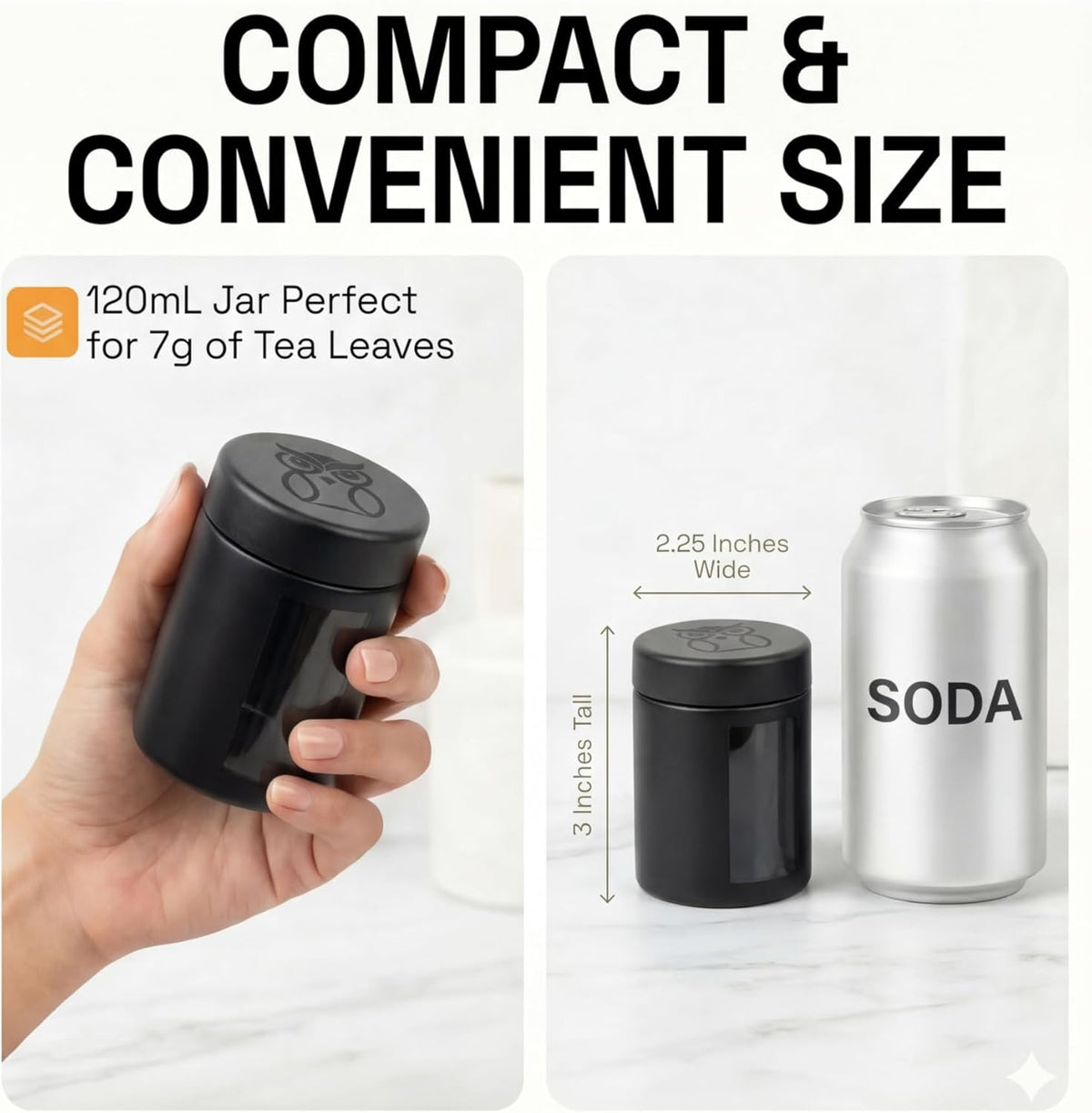 Smell Proof Containers (120mL), Jars with Airtight Lids for Herbs, Spices, Coffee and Tea, Air Tight Glass Storage Jars with UV Protection Glass, (Set of 2) (Matte Black)