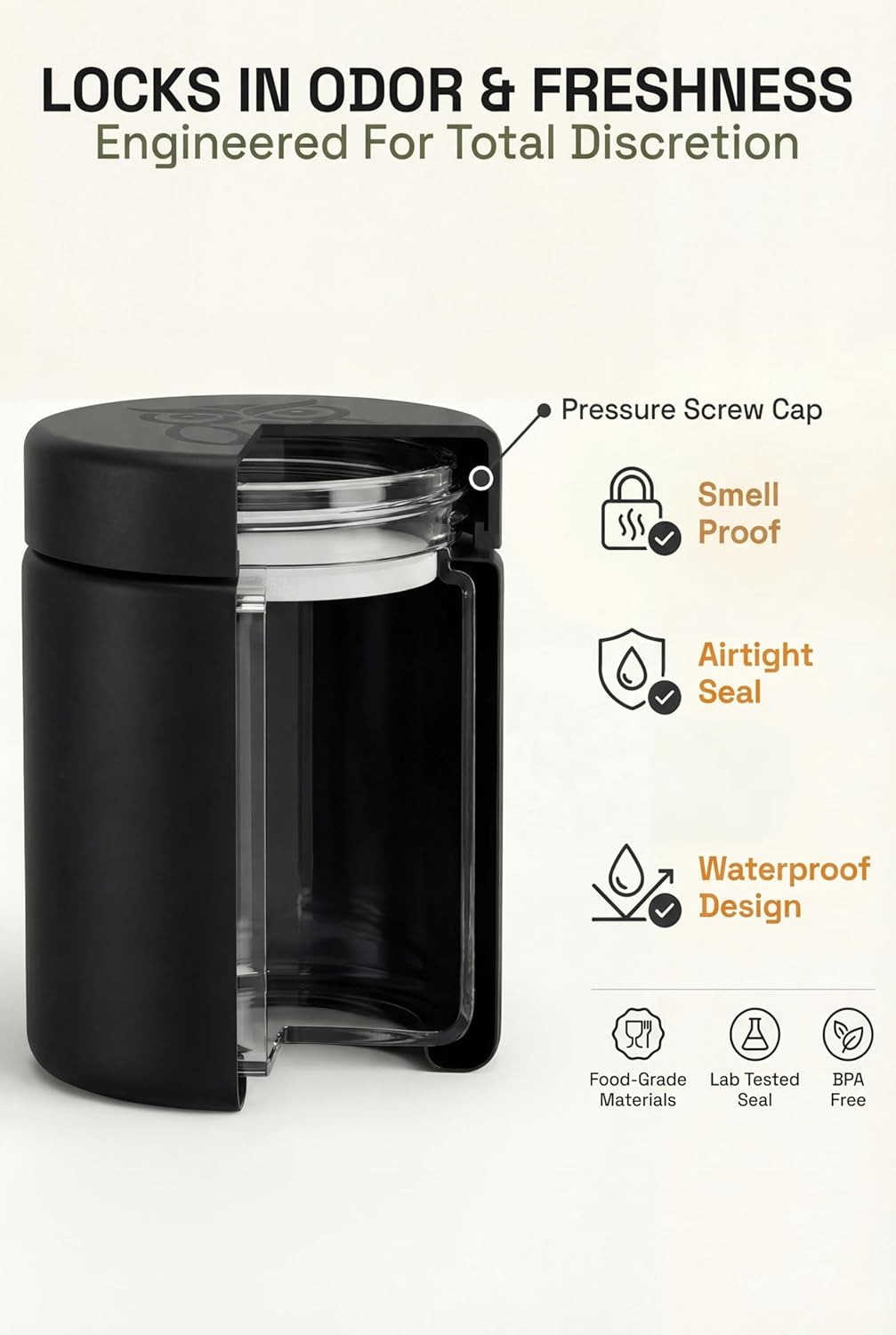 Smell Proof Containers (120mL), Jars with Airtight Lids for Herbs, Spices, Coffee and Tea, Air Tight Glass Storage Jars with UV Protection Glass, (Set of 2) (Matte Black)