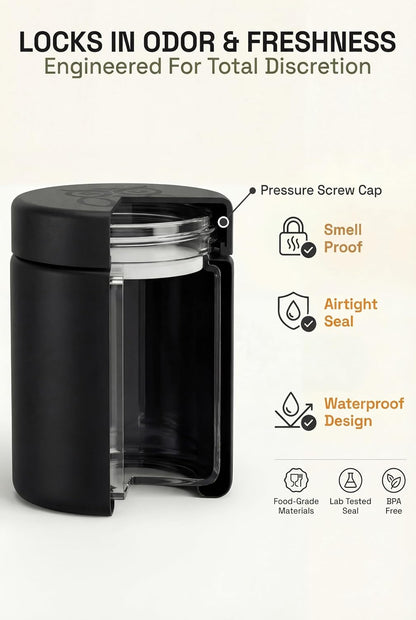 Smell Proof Containers (120mL), Jars with Airtight Lids for Herbs, Spices, Coffee and Tea, Air Tight Glass Storage Jars with UV Protection Glass, (Set of 2) (Matte Black)