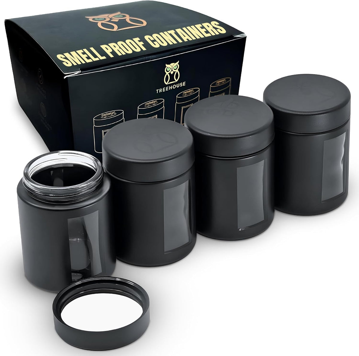 Smell Proof Containers (120mL), Jars with Airtight Lids for Herbs, Spices, Coffee and Tea, Air Tight Glass Storage Jars with UV Protection Glass, (Set of 2) (Matte Black)