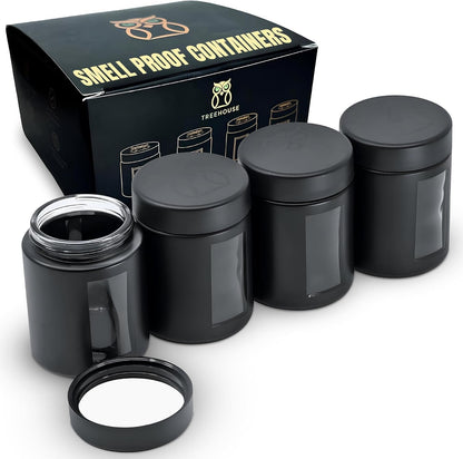 Smell Proof Containers (120mL), Jars with Airtight Lids for Herbs, Spices, Coffee and Tea, Air Tight Glass Storage Jars with UV Protection Glass, (Set of 2) (Matte Black)