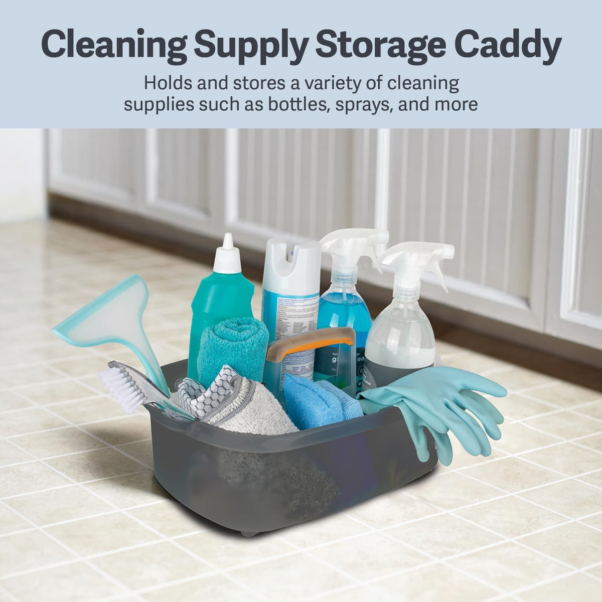 Cleaning Storage Caddy with Handle Plastic Multipurpose Organizer, Rectangle, 1.85-Gallon, Gray
