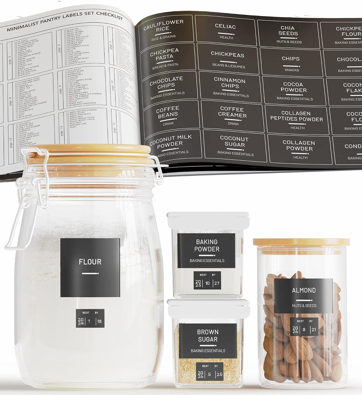 284 Pantry Labels with 112 Expiration Date Labels for Food Containers, Preprinted Stickers Booklet for Storage Bins, Minimalist Kitchen Labels for Organizing