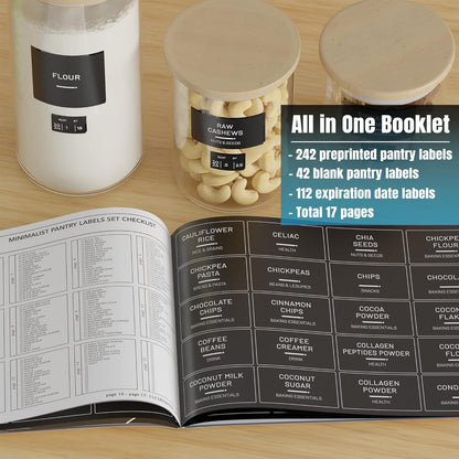 284 Pantry Labels with 112 Expiration Date Labels for Food Containers, Preprinted Stickers Booklet for Storage Bins, Minimalist Kitchen Labels for Organizing