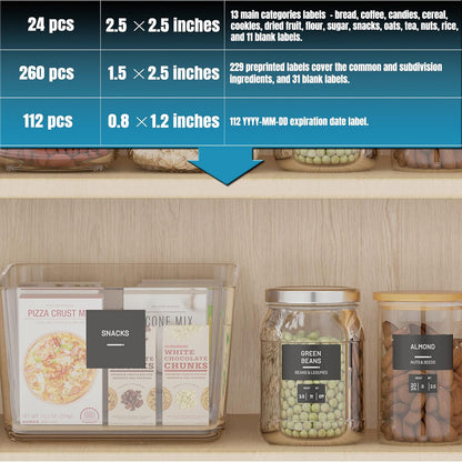 284 Pantry Labels with 112 Expiration Date Labels for Food Containers, Preprinted Stickers Booklet for Storage Bins, Minimalist Kitchen Labels for Organizing