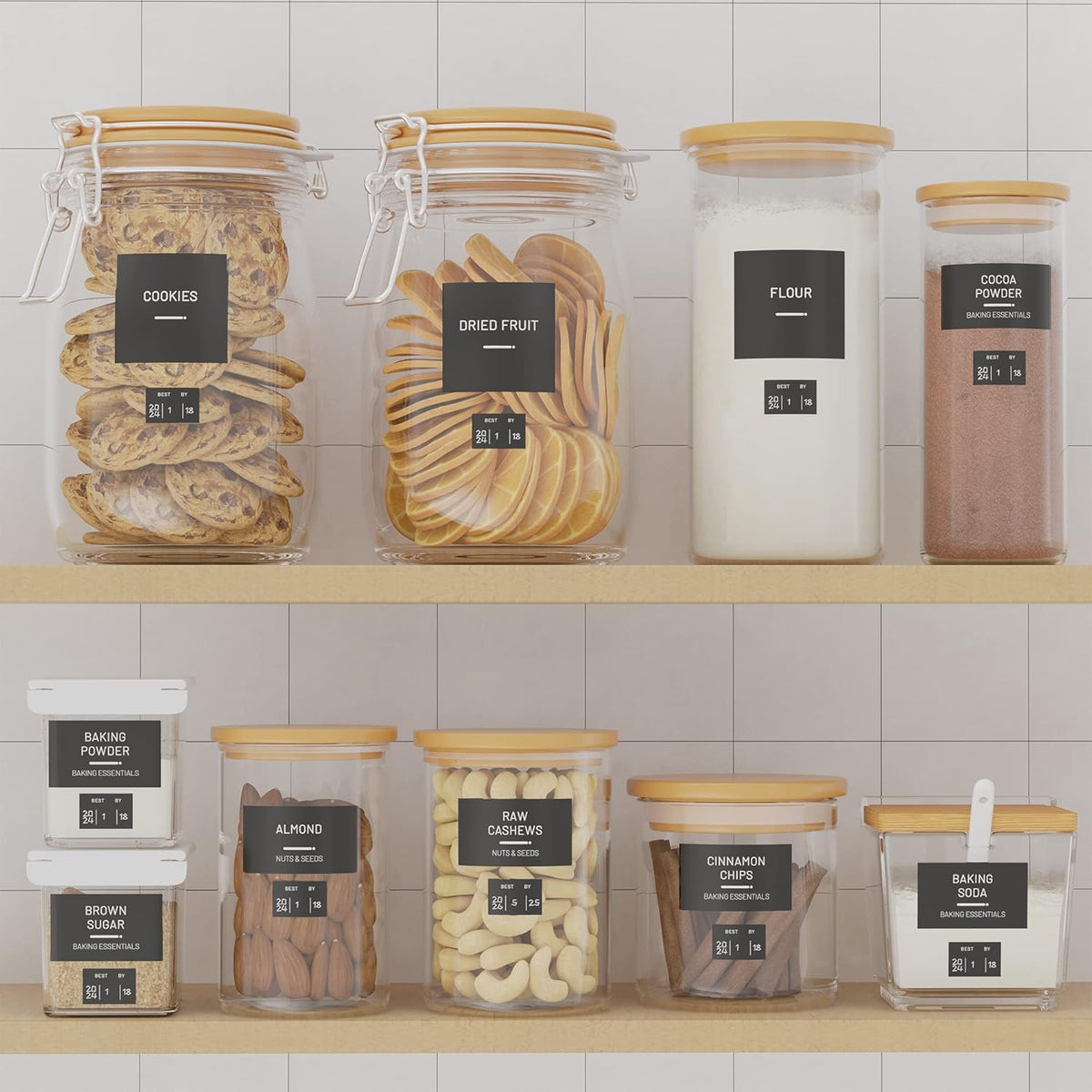 284 Pantry Labels with 112 Expiration Date Labels for Food Containers, Preprinted Stickers Booklet for Storage Bins, Minimalist Kitchen Labels for Organizing