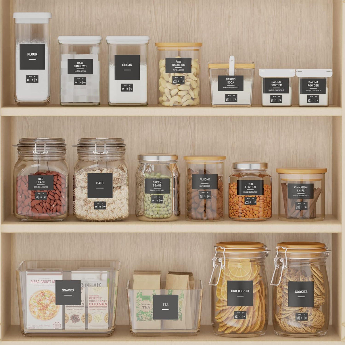 284 Pantry Labels with 112 Expiration Date Labels for Food Containers, Preprinted Stickers Booklet for Storage Bins, Minimalist Kitchen Labels for Organizing