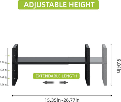 Expandable Cabinet Shelf Organizer Rack, Stackable Kitchen Counter Storage Shelves Stand, Adjustable Height Pantry Shelf Spice Rack(Black-1 Pack, 8.7" D x 15.4-26.8" W x 9.8" H)