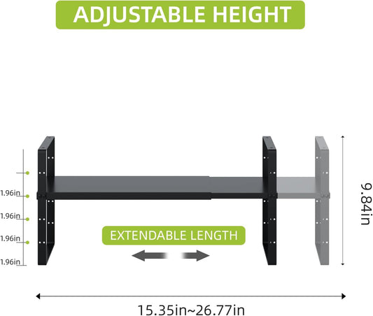 Expandable Cabinet Shelf Organizer Rack, Stackable Kitchen Counter Storage Shelves Stand, Adjustable Height Pantry Shelf Spice Rack(Black-1 Pack, 8.7" D x 15.4-26.8" W x 9.8" H)