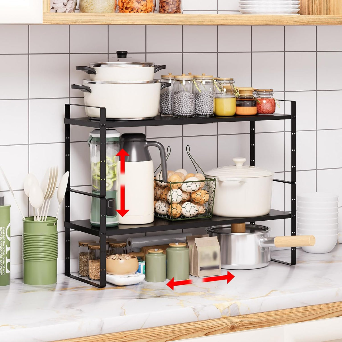 Expandable Cabinet Shelf Organizer Rack, Stackable Kitchen Counter Storage Shelves Stand, Adjustable Height Pantry Shelf Spice Rack(Black-1 Pack, 8.7" D x 15.4-26.8" W x 9.8" H)