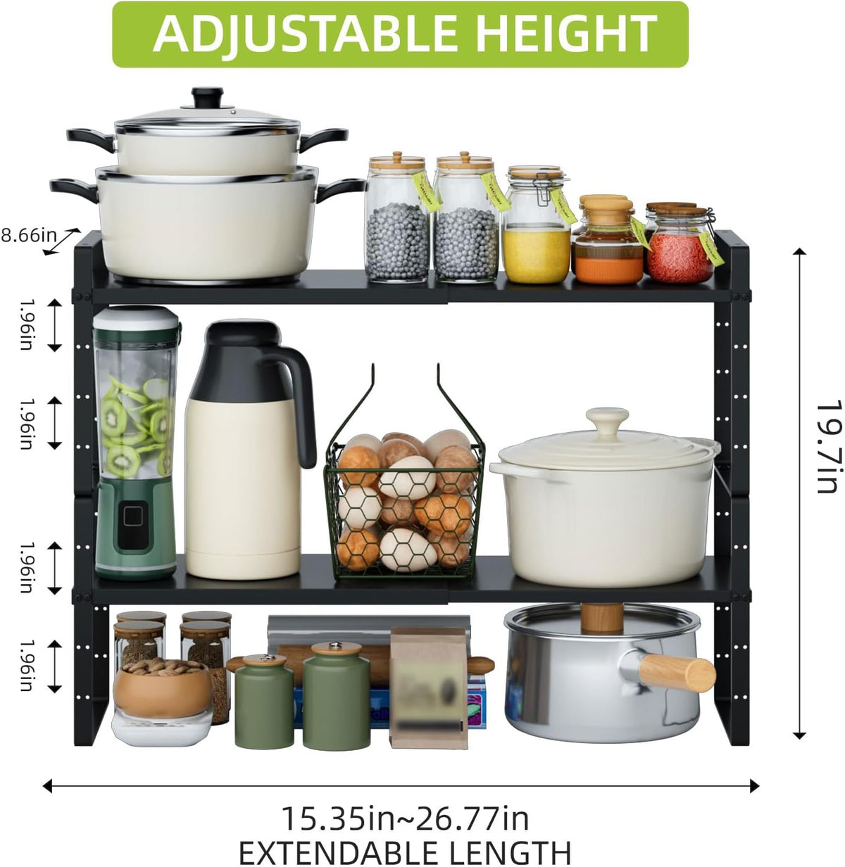 Expandable Cabinet Shelf Organizer Rack, Stackable Kitchen Counter Storage Shelves Stand, Adjustable Height Pantry Shelf Spice Rack(Black-1 Pack, 8.7" D x 15.4-26.8" W x 9.8" H)