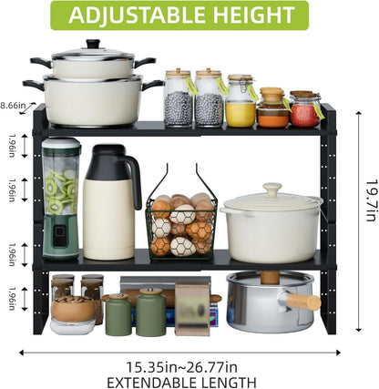 Expandable Cabinet Shelf Organizer Rack, Stackable Kitchen Counter Storage Shelves Stand, Adjustable Height Pantry Shelf Spice Rack(Black-1 Pack, 8.7" D x 15.4-26.8" W x 9.8" H)