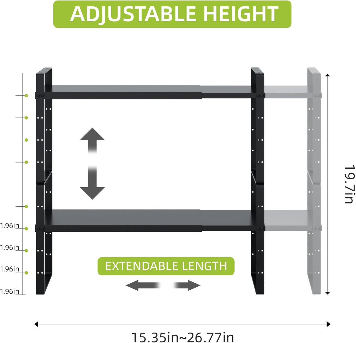 Expandable Cabinet Shelf Organizer Rack, Stackable Kitchen Counter Storage Shelves Stand, Adjustable Height Pantry Shelf Spice Rack(Black-1 Pack, 8.7" D x 15.4-26.8" W x 9.8" H)
