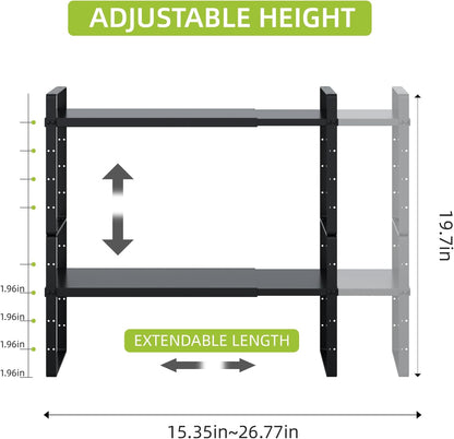 Expandable Cabinet Shelf Organizer Rack, Stackable Kitchen Counter Storage Shelves Stand, Adjustable Height Pantry Shelf Spice Rack(Black-1 Pack, 8.7" D x 15.4-26.8" W x 9.8" H)