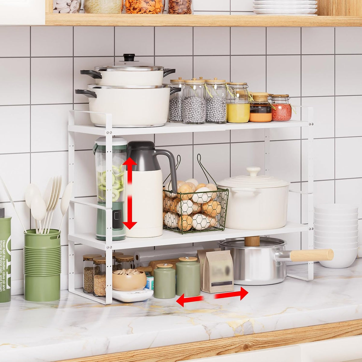 Expandable Cabinet Shelf Organizer Rack, Stackable Kitchen Counter Storage Shelves Stand, Adjustable Height Pantry Shelf Spice Rack(Black-1 Pack, 8.7" D x 15.4-26.8" W x 9.8" H)
