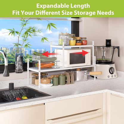 Expandable Cabinet Shelf Organizer Rack, Stackable Kitchen Counter Storage Shelves Stand, Adjustable Height Pantry Shelf Spice Rack(Black-1 Pack, 8.7" D x 15.4-26.8" W x 9.8" H)