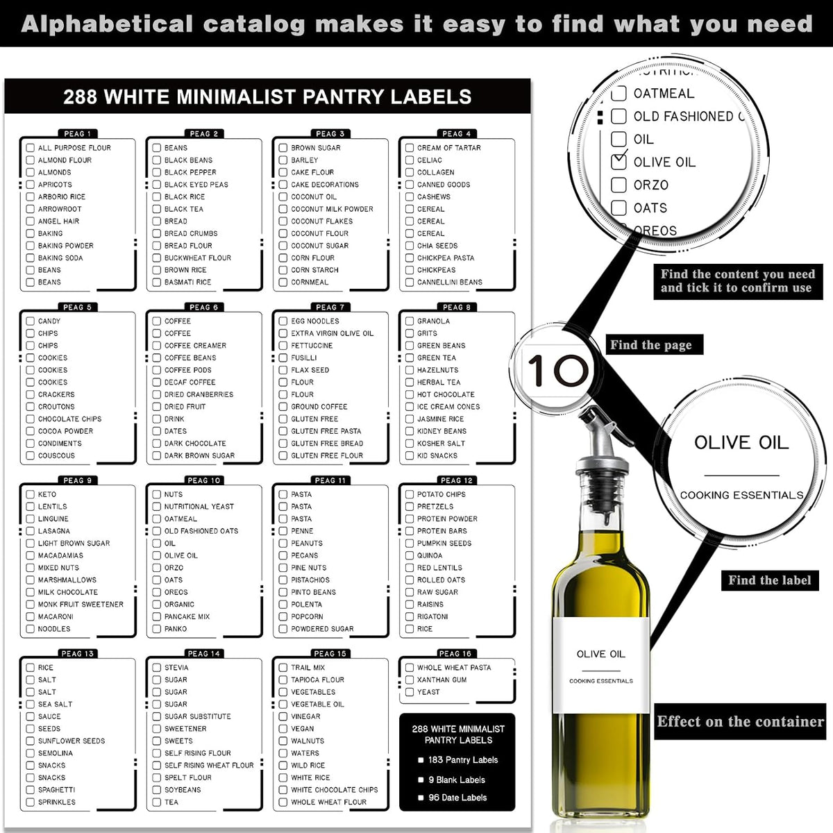 288 Pantry Labels for Food Containers, Preprinted Minimalist Waterproof Stickers for Organizing Storage Bins, Jars and Kitchen