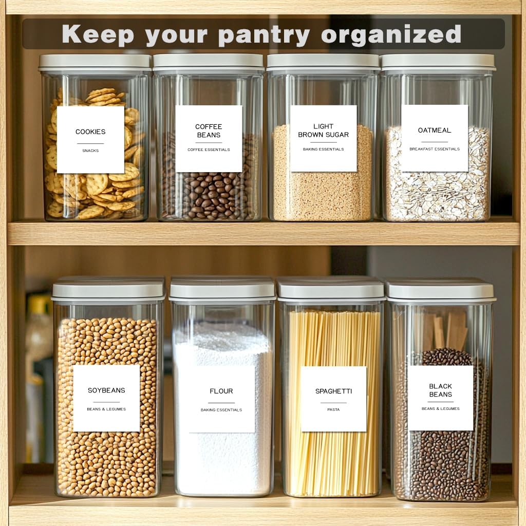 288 Pantry Labels for Food Containers, Preprinted Minimalist Waterproof Stickers for Organizing Storage Bins, Jars and Kitchen