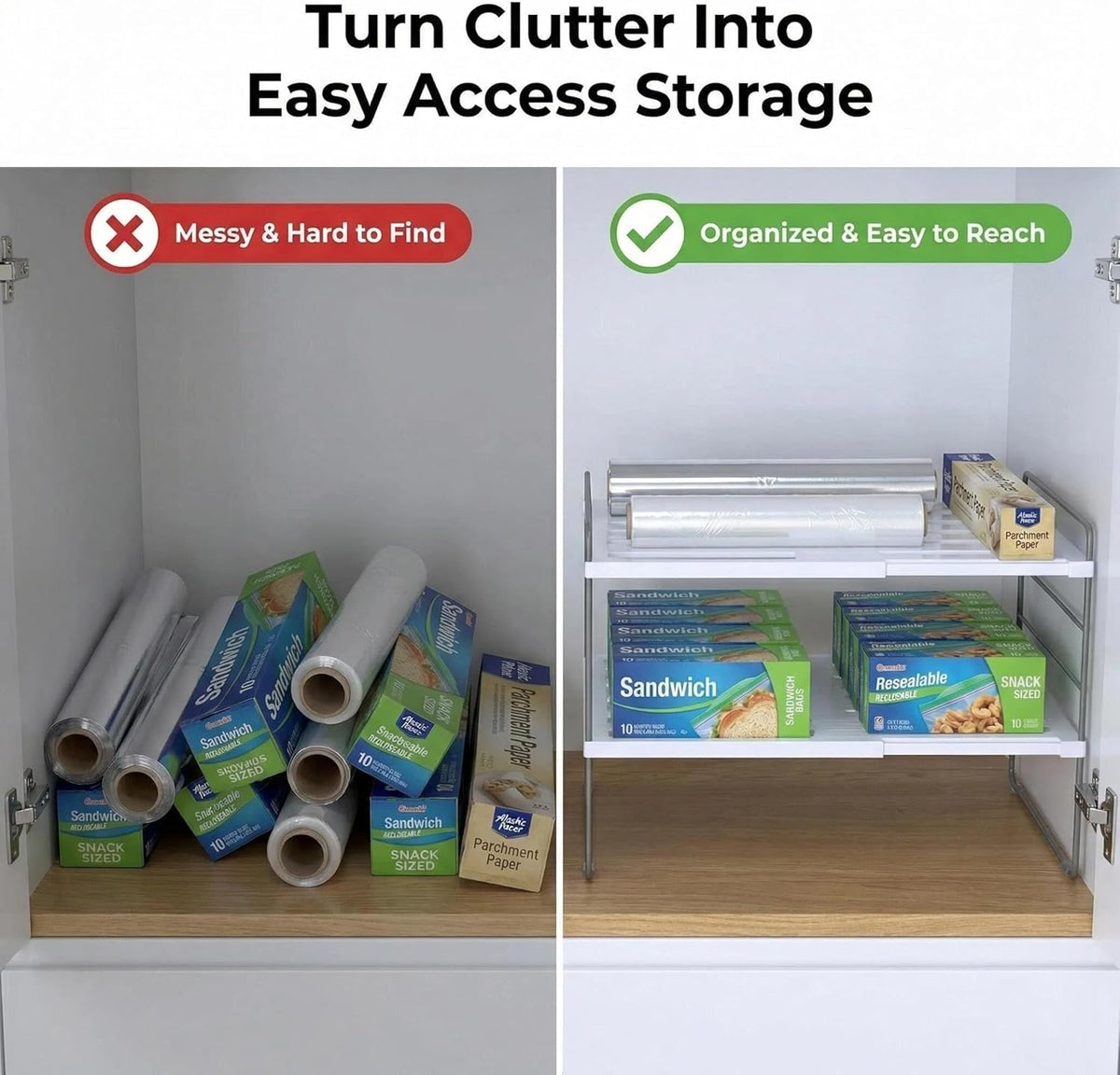 Kitchen Cabinet Organizer, Expandable Kitchen Aluminum Foil and Plastic Wrap Organizers, Sandwich Storage Bags organizer, bottle storage bag under sink organizer for Pantry Organization