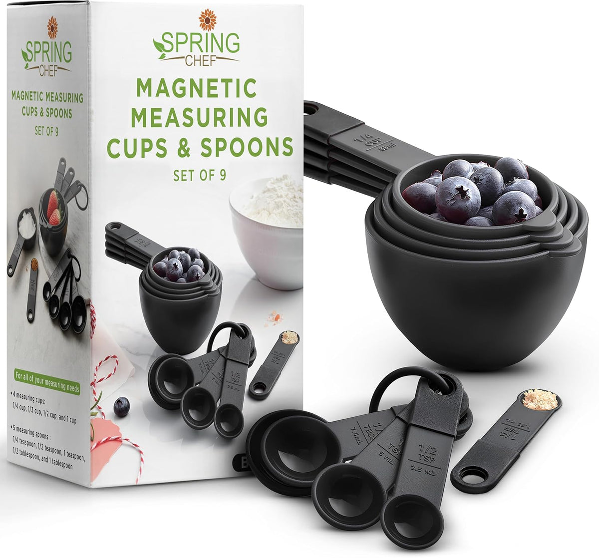 Black Magnetic Measuring Cups & Spoons - 9 pcs - Nesting Design
