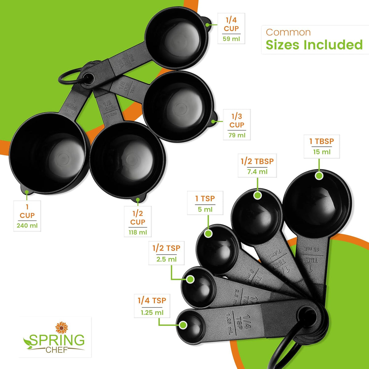 Black Magnetic Measuring Cups & Spoons - 9 pcs - Nesting Design