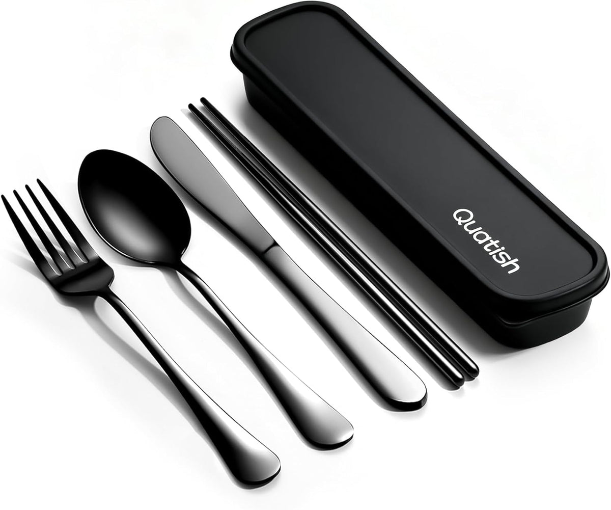 5 Piece Travel Utensils with Case, Portable Cutlery Set, Black