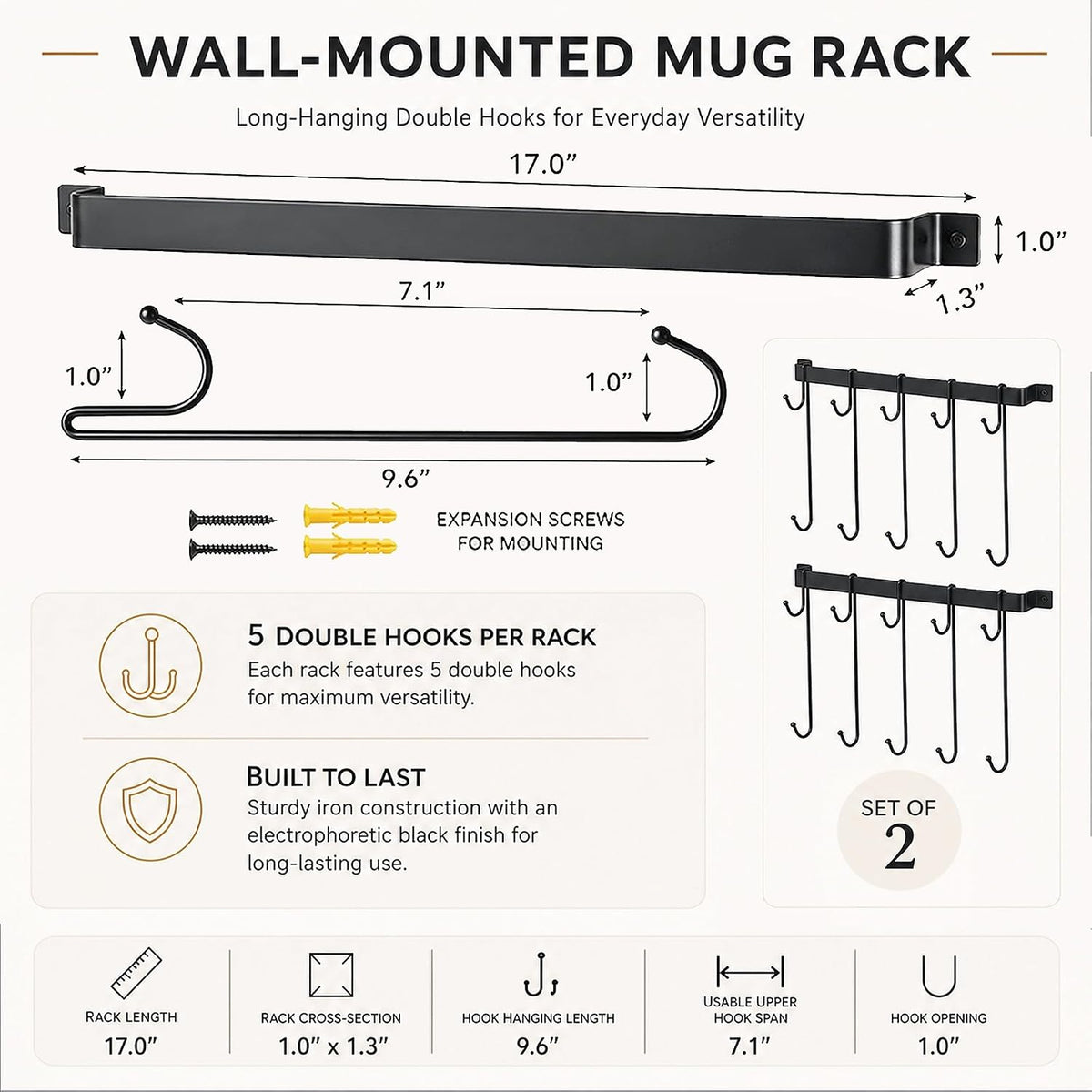 17" Coffee Mug Hook Rack Wall Mounted Set of 2