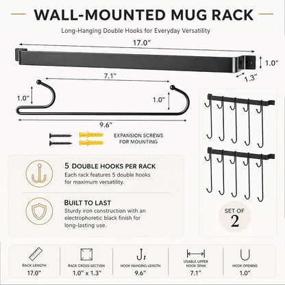 17" Coffee Mug Hook Rack Wall Mounted Set of 2