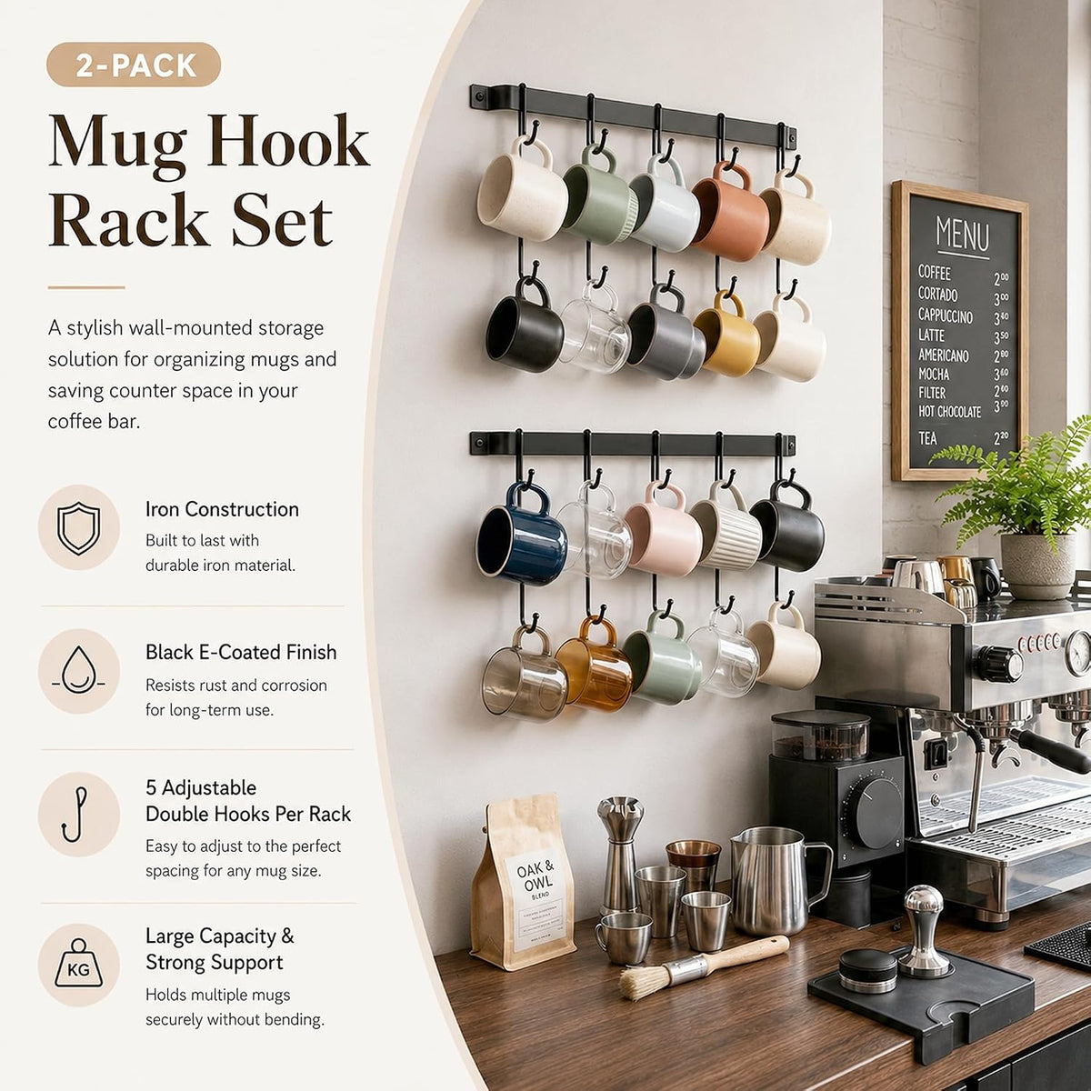 17" Coffee Mug Hook Rack Wall Mounted Set of 2
