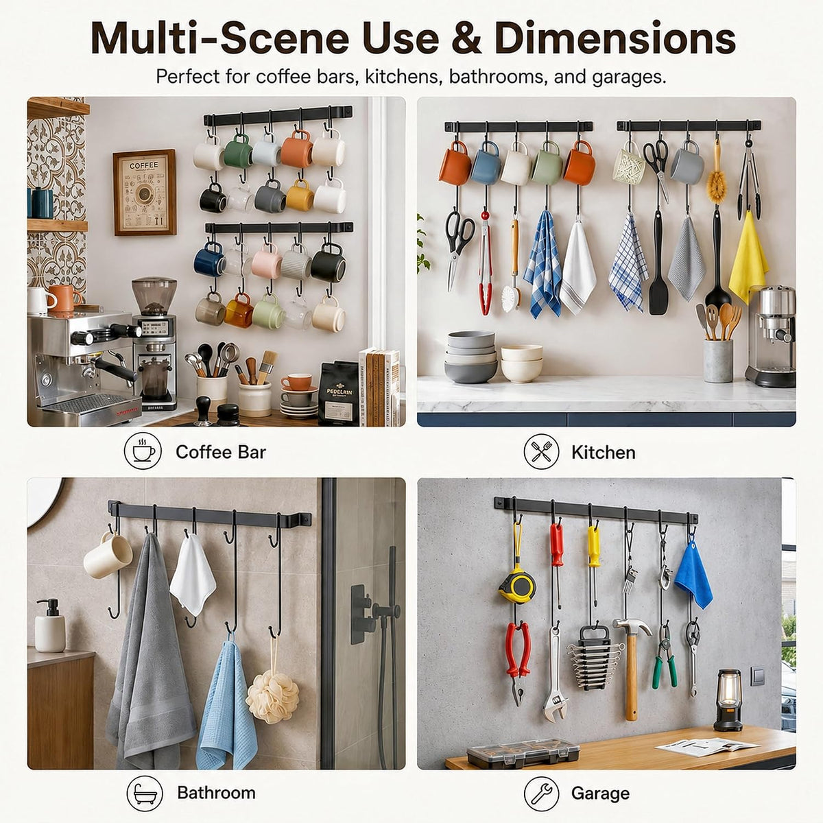 17" Coffee Mug Hook Rack Wall Mounted Set of 2