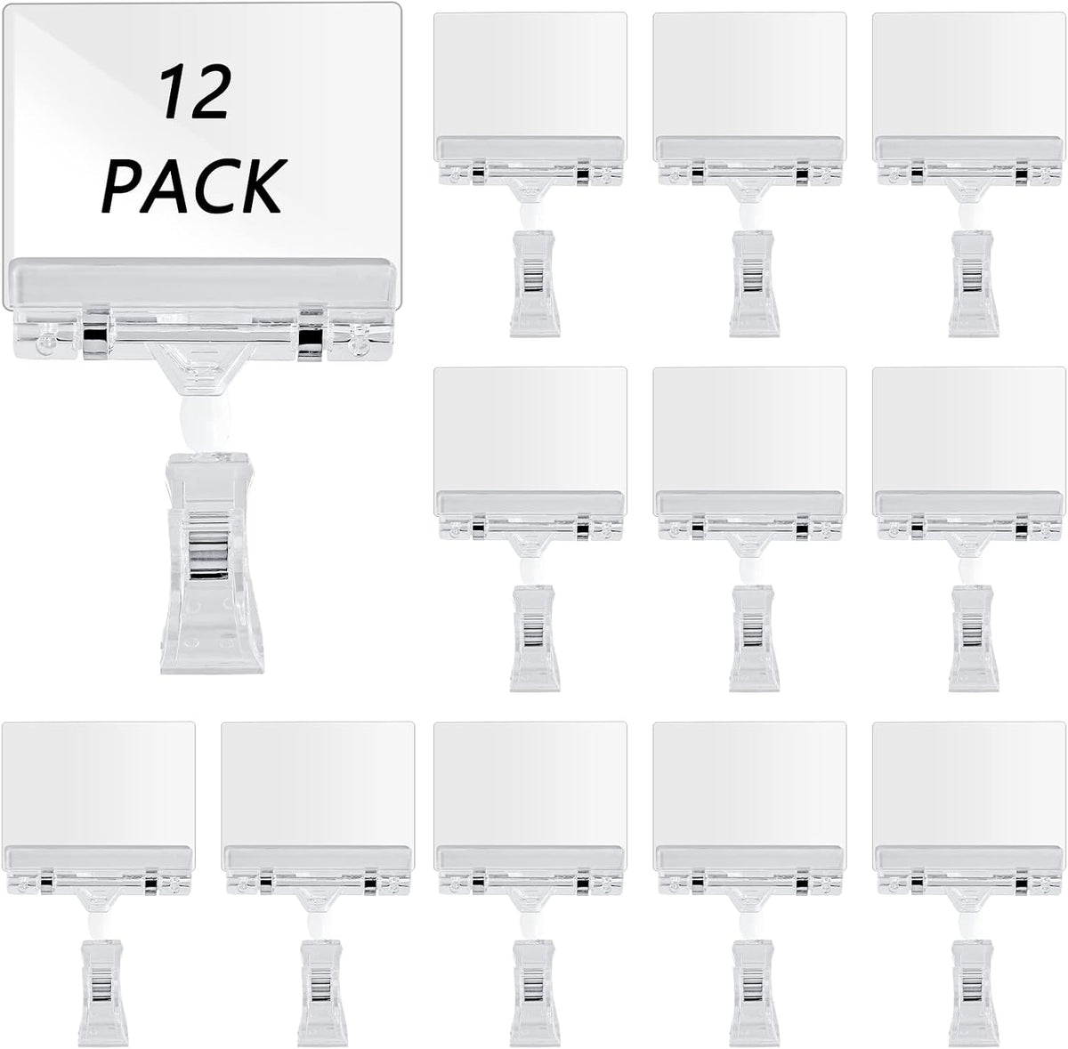 Rotating Clip Swivel Sign Holder, Clear, 12 Pcs | Rotatable Holding Clamp, Price Display Holder, PVC Card Protector, For Shelves Store Business Exhibition