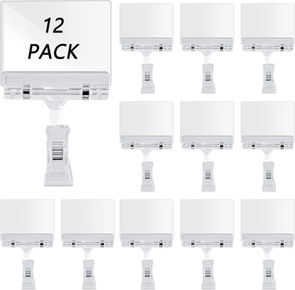 Rotating Clip Swivel Sign Holder, Clear, 12 Pcs | Rotatable Holding Clamp, Price Display Holder, PVC Card Protector, For Shelves Store Business Exhibition