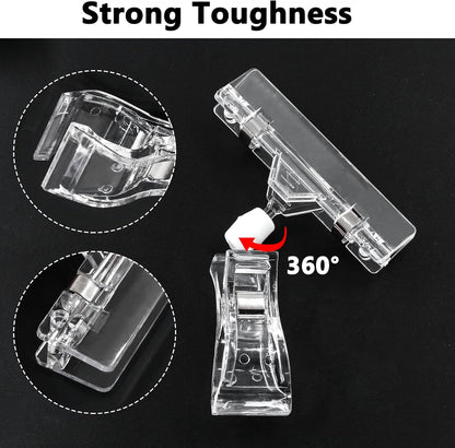 Rotating Clip Swivel Sign Holder, Clear, 12 Pcs | Rotatable Holding Clamp, Price Display Holder, PVC Card Protector, For Shelves Store Business Exhibition