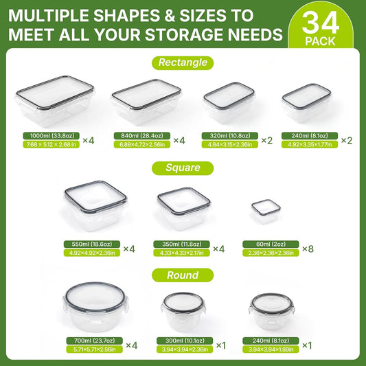 68 PCS Food Storage Containers with Lids, Meal Prep Containers, Stackable Kitchen Set, Airtight & Leakproof, BPA-Free, Microwave/Dishwasher/Freezer Safe, Extra Labels & Pen