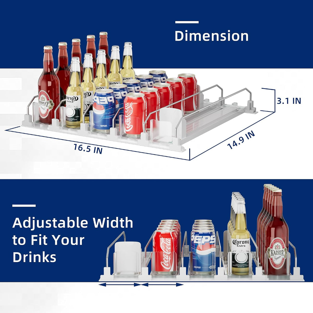 Drinks Organizer for Fridge and Pantry, Soda Can and Bottle Dispenser for Refrigerator with Automatic Pusher Glide, 5 Rows Holds Up to 25 Cans