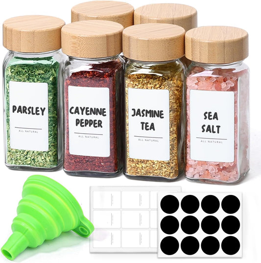 Glass Spice Jars with with Labels 4 oz 6 Pack Small Bamboo Lids | Empty Containers, Seasoning Herb Powder, Salt Pepper Chili, Spice Rack Organization, Kitchen Cabinet Storage, Funnel Included