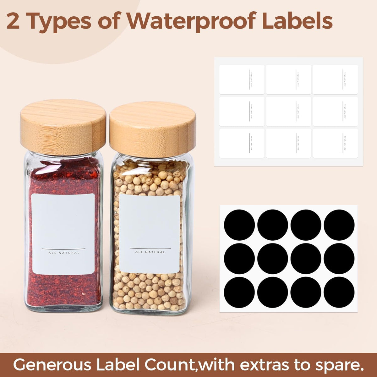 Glass Spice Jars with with Labels 4 oz 6 Pack Small Bamboo Lids | Empty Containers, Seasoning Herb Powder, Salt Pepper Chili, Spice Rack Organization, Kitchen Cabinet Storage, Funnel Included