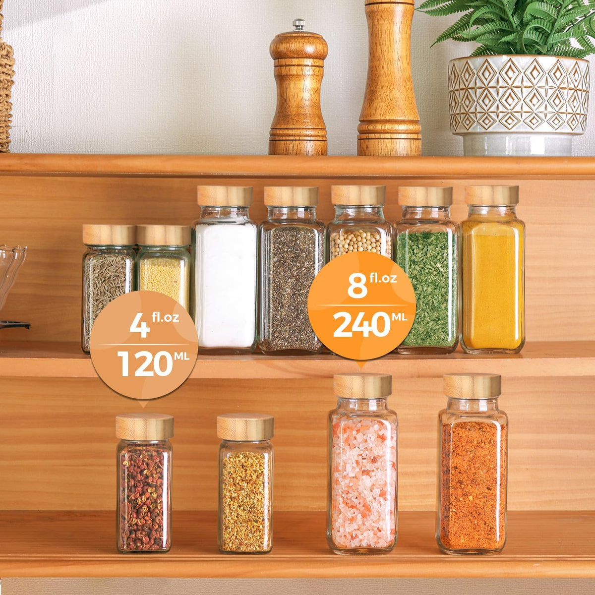 Glass Spice Jars with with Labels 4 oz 6 Pack Small Bamboo Lids | Empty Containers, Seasoning Herb Powder, Salt Pepper Chili, Spice Rack Organization, Kitchen Cabinet Storage, Funnel Included