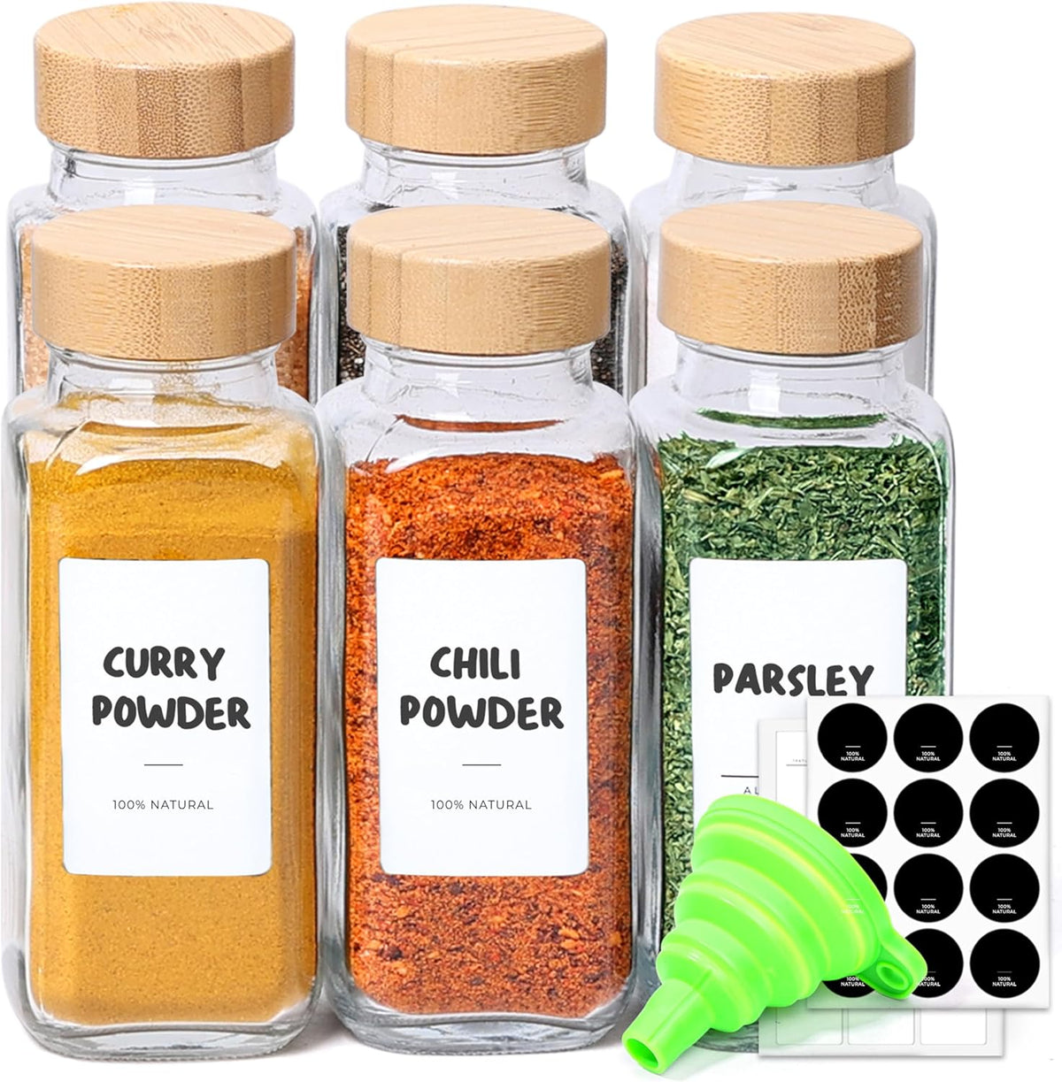 Glass Spice Jars with with Labels 4 oz 6 Pack Small Bamboo Lids | Empty Containers, Seasoning Herb Powder, Salt Pepper Chili, Spice Rack Organization, Kitchen Cabinet Storage, Funnel Included