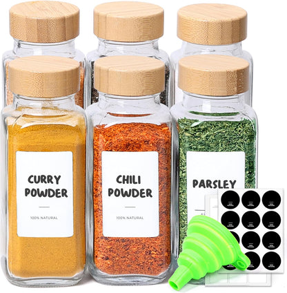 Glass Spice Jars with with Labels 4 oz 6 Pack Small Bamboo Lids | Empty Containers, Seasoning Herb Powder, Salt Pepper Chili, Spice Rack Organization, Kitchen Cabinet Storage, Funnel Included