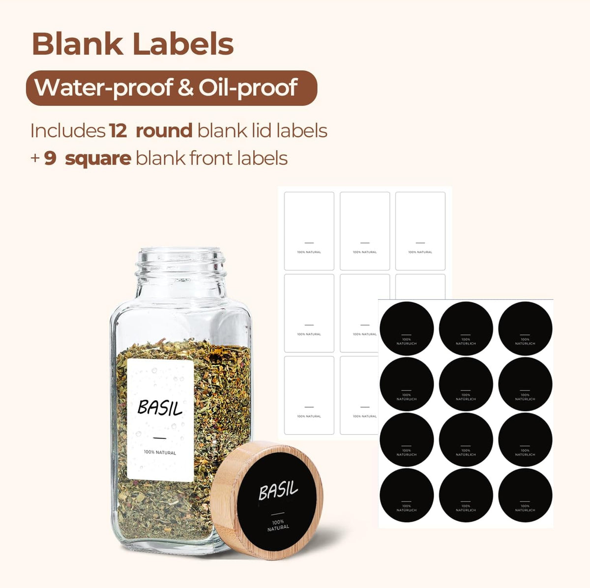 Glass Spice Jars with with Labels 4 oz 6 Pack Small Bamboo Lids | Empty Containers, Seasoning Herb Powder, Salt Pepper Chili, Spice Rack Organization, Kitchen Cabinet Storage, Funnel Included