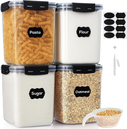 4 Pack 5.3L Thick Flour Sugar Storage Containers for Pantry, Airtight | 179Oz/4.8QT, BPA-Free Plastic, Large Food Storage Containers with Lids for Dry Food, Pasta, Cereal, Rice& Baking Supplies