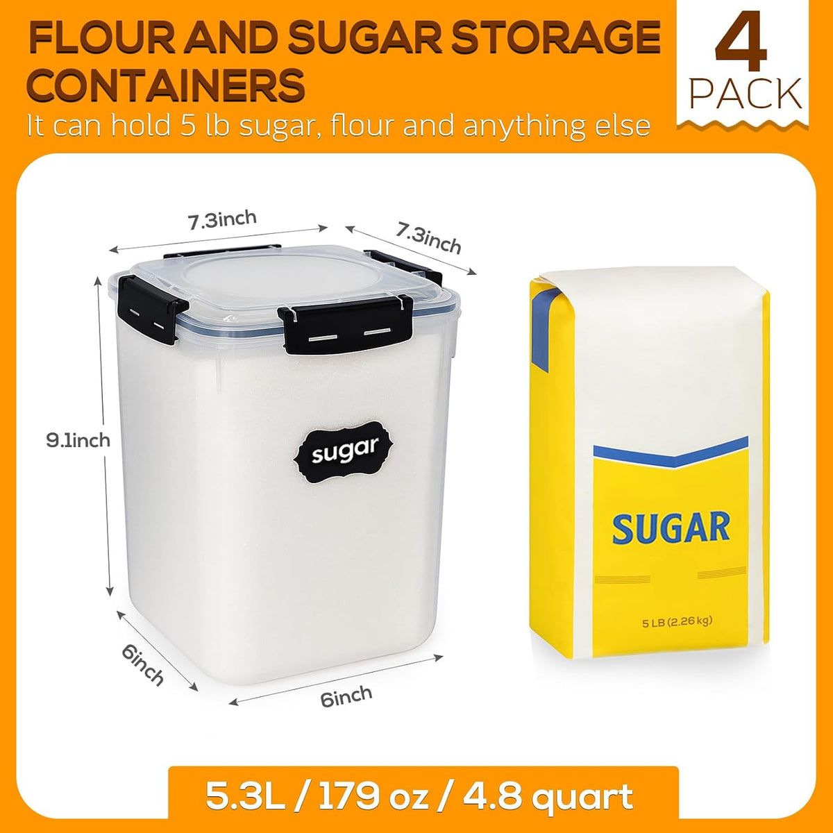 4 Pack 5.3L Thick Flour Sugar Storage Containers for Pantry, Airtight | 179Oz/4.8QT, BPA-Free Plastic, Large Food Storage Containers with Lids for Dry Food, Pasta, Cereal, Rice& Baking Supplies